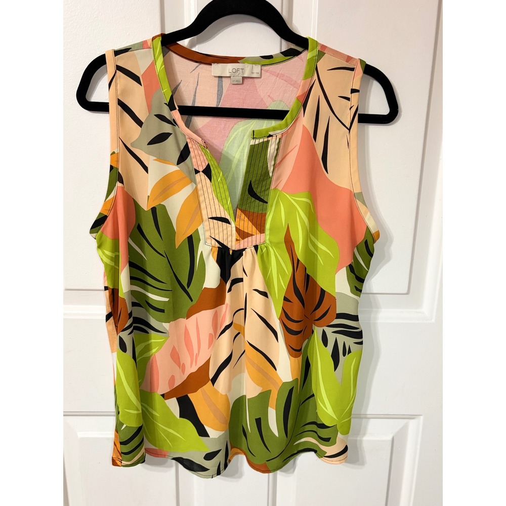 LOFT | Tropical Leaf Print Sleeveless Split Neck Top | LP || Green Orange|